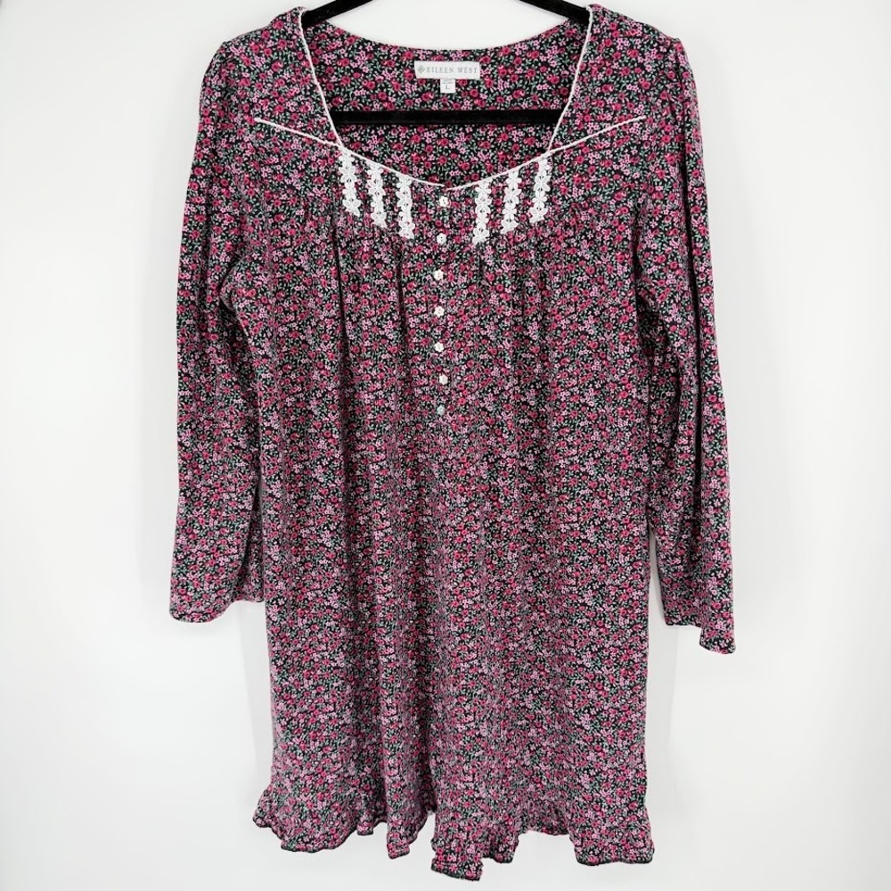 Eileen West Nightgown Women Large Black Pink Floral Cotton Lace Ruffle Cottage